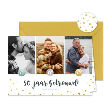 Jubileum feest uitnodiging met 3 foto's door de jaren heen.